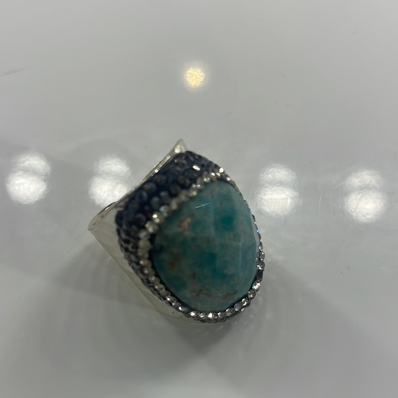 Amanzonite faceted cocktail ring, silver, turquoise,AdjustableSize 6.5 - Picture 3 of 6